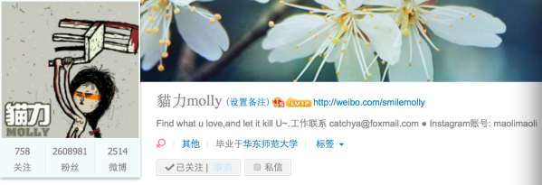 A snapshot of Molly's Weibo account homepage